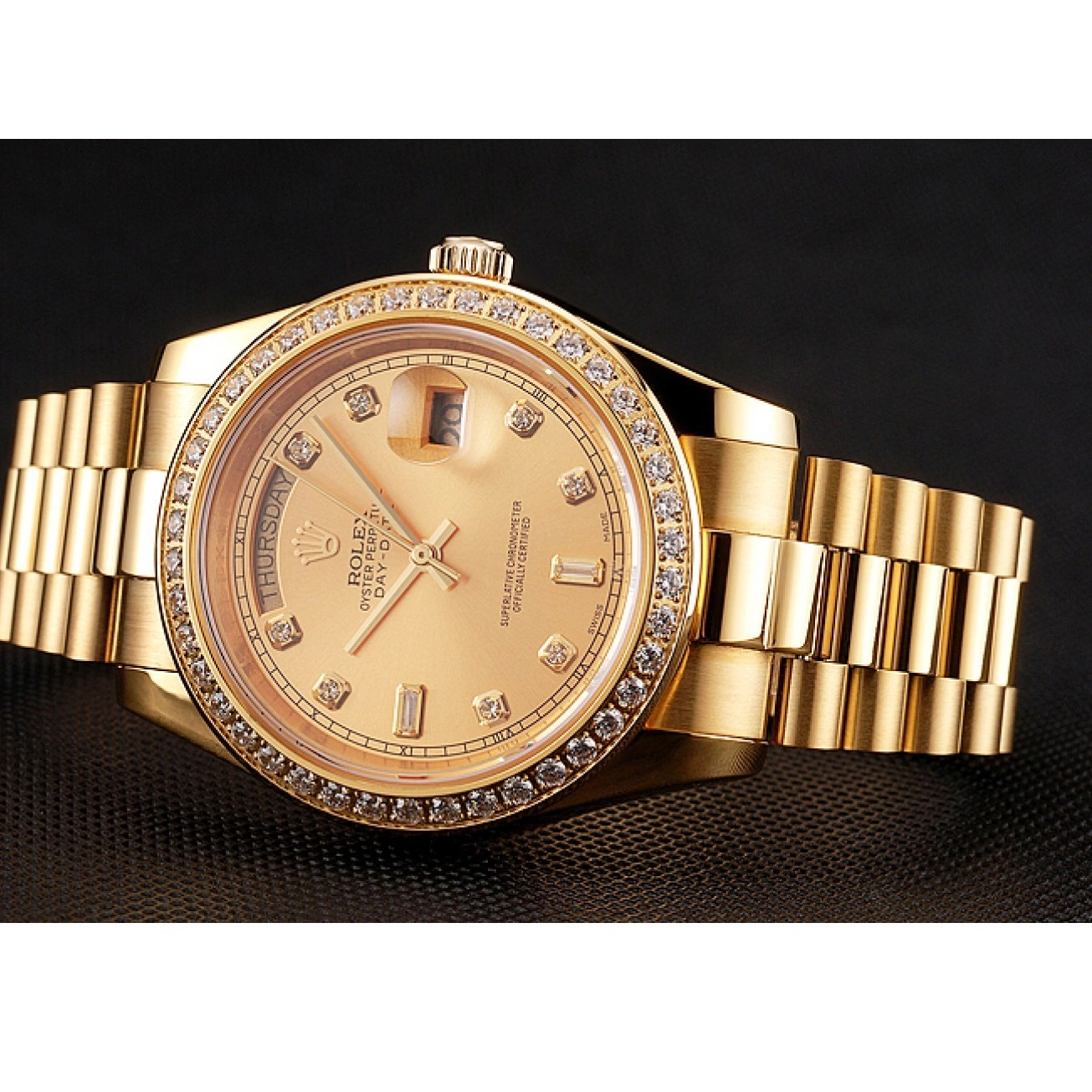 Aaa replica watch Diamond 1454099 Day-Date Rolex Dial Gold Swiss Bezel Bracelet Champagne 0614